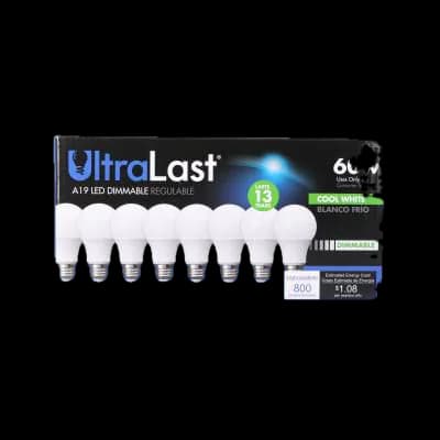 UltraLast A19 4000K Dimmable LED Light Bulb, 8 Pack product image